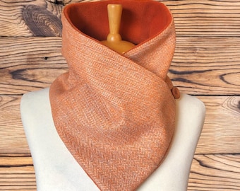 Pure Wool Orange Beige herringbone British tweed cowl, Neck warmer, Celtic scarf, snood, Handmade neck wrap.