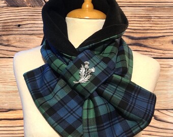 Scottish 100% wool Tartan Scarf, Neck wrap, Neck warmer, Neck gaiter, Tartan Cowl Snood. Celtic Brooch included.