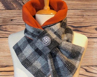 Harris Tweed® Scottish 100% wool tweed Scarf, Cowl, Neck warmer, Grey Checked Neck gaiter. Tweed neck warmer. Detachable brooch included.