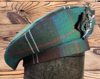 Pure wool Tartan/Plaid Beret/Tam 0' Shanter. Clan Tartan. Balmoral Scottish bonnet. Celtic hat. Thistle brooch.