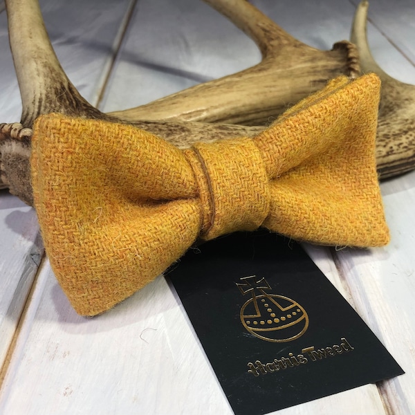 Harris Tweed® Mustard Yellow pre-tied bow tie. Harris tweed bowtie. Wedding tie. Cotton blend lining.