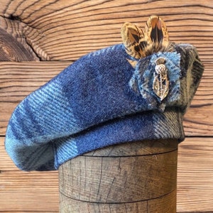 Harris Tweed® Beret/Tam 0&#39; Shanter. Celtic hat. Highlander Tam. Men&#39;s Scottish Tam. Scottish Bonnet, Blue tartan beret, Balmoral cap.
