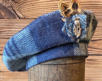 Harris Tweed® Beret/Tam 0' Shanter. Celtic hat. Highlander Tam. Men's Scottish Tam. Scottish Bonnet, Blue tartan beret, Balmoral cap.