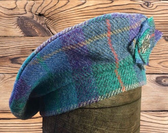 Harris Tweed® Beret/Tam 0' Shanter. Turquoise Tartan Harris tweed Balmoral Highlander Tam. Men's Scottish Tam. Scottish Bonnet.