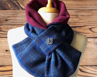 Pure wool blue check tweed Scarf, Neck wrap, Neck warmer, Neck gaiter, Tartan Cowl Snood with Celtic charm.