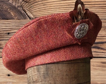 Tweed Beret Tam 0' Shanter, Celtic hat, burnt orange tweed beret, Highlander Tam, Men's Scottish Bonnet, Scottish  Balmoral, Celtic brooch.