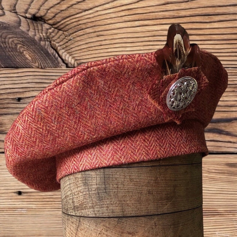 Tweed Beret Tam 0' Shanter, Celtic hat, burnt orange tweed beret, Highlander Tam, Men's Scottish Bonnet, Scottish Balmoral, Celtic brooch. image 3