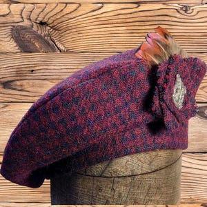SALE ITEM:- Harris Tweed® Beret/Tam 0&#39; Shanter. Celtic hat. Burgundy Deep Navy houndstooth. Highlander Tam. Men&#39;s Scottish Tam. Balmoral.