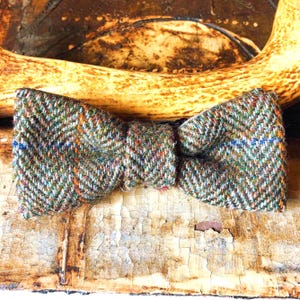 Harris Tweed®  pre-tied bow tie. Green Herringbone. Green Blue Rust Mustard check Scottish Clan Wedding Special Event tie.