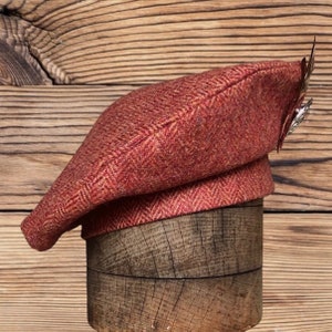 Tweed Beret Tam 0' Shanter, Celtic hat, burnt orange tweed beret, Highlander Tam, Men's Scottish Bonnet, Scottish Balmoral, Celtic brooch. image 7