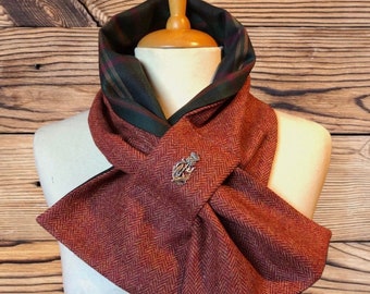 Scottish Wool tweed and Tartan handmade scarf, Neck warmer, snood. Burnt orange herringbone tweed neck gaiter.