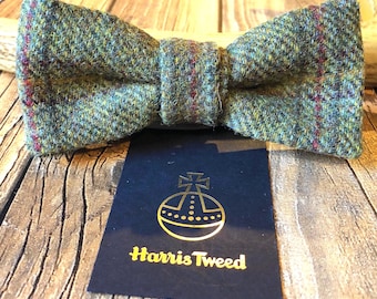 Harris tweed Green Rust Mustard check pre-tied bow tie. Tweed bowtie. Wedding tie. Handmade designer bow tie.