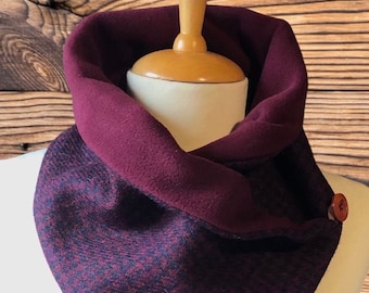 Harris Tweed® Scottish wool tweed Burgundy houndstooth check scarf, Cowl, Snood, neck gaiter, neck warmer. Gift for Mum.