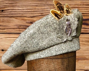 Harris Tweed® Graue Baskenmütze, Tam 0 'Shanter, Gray Highlander Tam, Scottish Tam für Herren, Scottish Bonnet, Militär Baskenmütze.