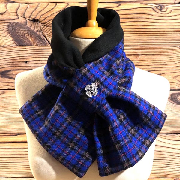 Scottish 100% wool Blue Black Tartan Scarf, Neck wrap, Neck warmer, Neck gaiter, Tweed snood Celtic cross charm.