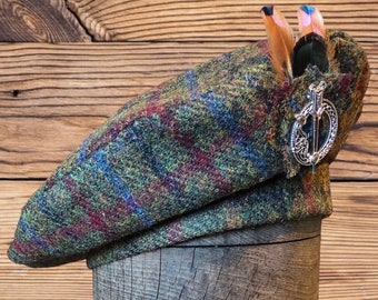 Harris Tweed® Beret/Tam 0 'Shanter. Kelten-Hut. Highlander Tam. Schottische Tam. Grüne Tartan Baskenmütze, Balmoral Mütze.