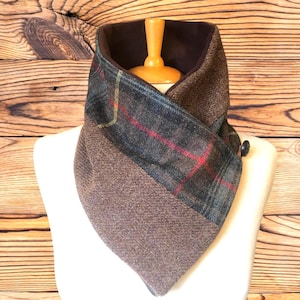 Harris Tweed® Scottish pure wool Stewart Hunting Weathered Tartan Scarf, cowl, neck warmer, snood neck gaiter. Stag’s head pin.