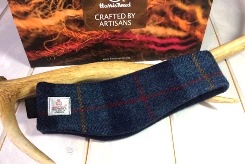 Harris Tweed® Ear warmers, Blue tweed headband, Scottish ear muffs, Tartan Plaid hairband, tweed hair accessories. image 1