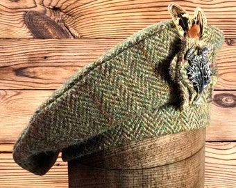 Harris Tweed® Green Beret, Tam 0' Shanter hat. Highlander Tam, Men's Tam, Military Tam, Scottish Bonnet. Balmoral.