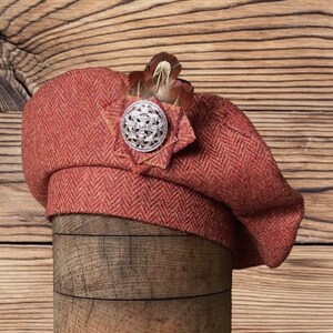 Tweed Beret Tam 0' Shanter, Celtic hat, burnt orange tweed beret, Highlander Tam, Men's Scottish Bonnet, Scottish Balmoral, Celtic brooch. image 5