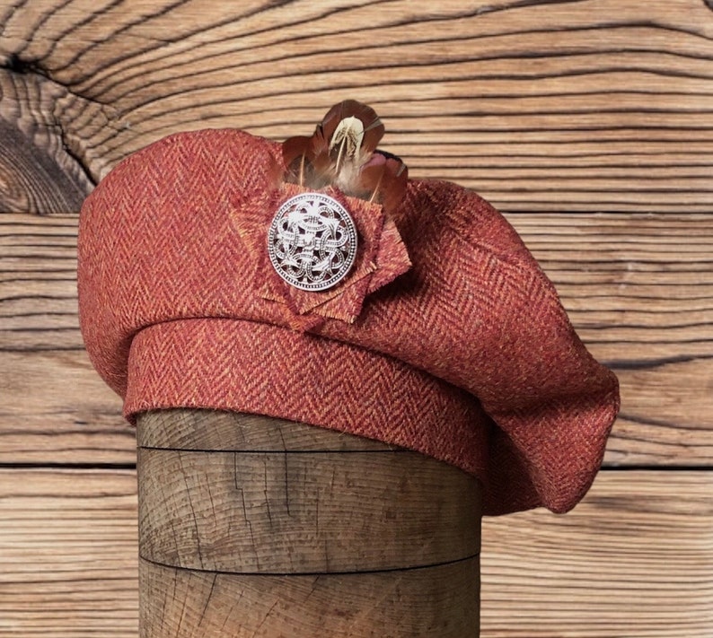 Tweed Beret Tam 0' Shanter, Celtic hat, burnt orange tweed beret, Highlander Tam, Men's Scottish Bonnet, Scottish Balmoral, Celtic brooch. image 5