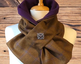 Scottish 100% wool tweed Scarf, Neck wrap, Neck warmer,  Neck gaiter, Tweed neck warmer. Thistle Brooch included.