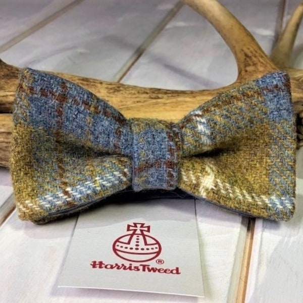 Harris Tweed® Harris tweed pre-tied bow tie. Mustard/Blue tartan Tweed bowtie. Wedding tie.