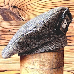 Harris Tweed Blue, Green, Black Beret Tam 0&#39; Shanter, Highlander Tam, Men&#39;s/Women’s Scottish Tam, Scottish Bonnet. Balmoral, Celtic Brooch.