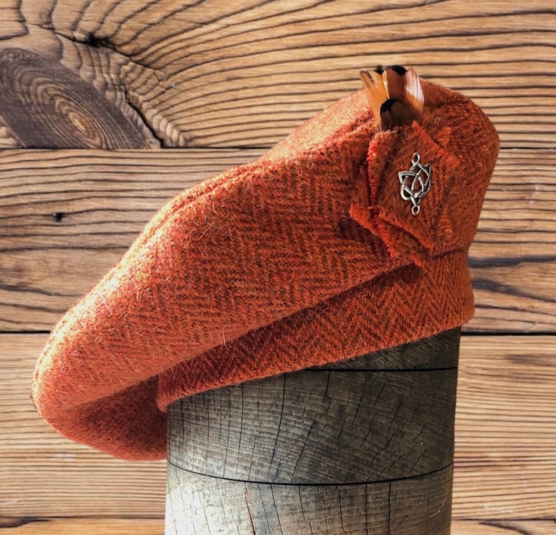 Harris Tweed® Burnt Orange tweed Beret/Tam 0' Shanter. Celtic hat. Balmoral. Highlander Tam. Men's Scottish Tam. Scottish Bonnet. image 6