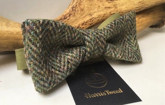 UK. Vintage Brown Herringbone Tweed Wool Pre-Tied Bow Tie /& Pocket Square Set