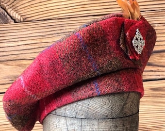 Harris Tweed® Beret/Tam 0' Shanter. Keltischer Hut. Highlander Tam. Herren Scottish Tam. Schottische Mütze, rote Baskenmütze, Balmoral Mütze.