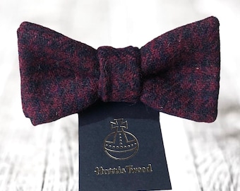 Harris Tweed pre-tied bow tie, Burgundy and Navy blue houndstooth wool Tweed bow tie,