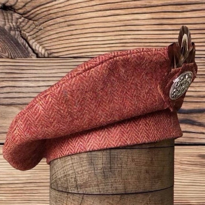 Tweed Beret Tam 0' Shanter, Celtic hat, burnt orange tweed beret, Highlander Tam, Men's Scottish Bonnet, Scottish Balmoral, Celtic brooch. image 1