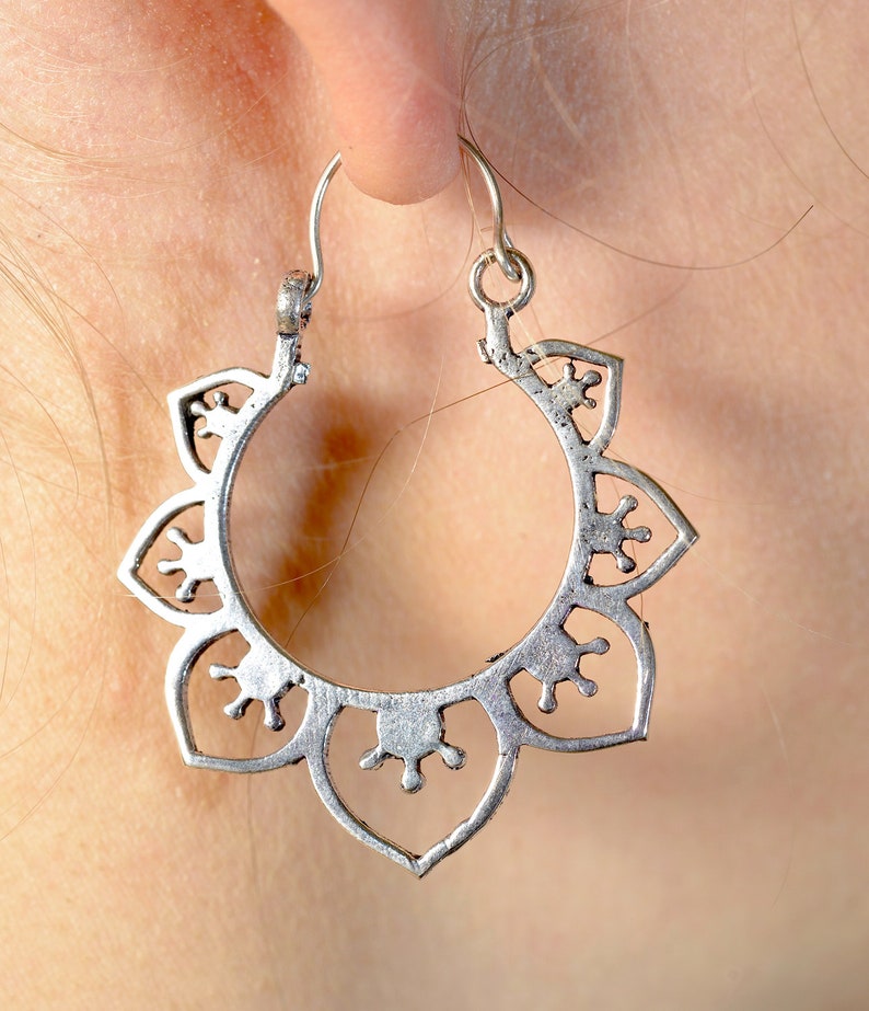 Hoop earrings Boho earrings ethnic earrings Flower hoop earrings Silver brass earrings Silver earrings