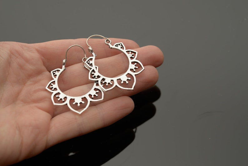 Hoop earrings Boho earrings ethnic earrings Flower hoop earrings Silver brass earrings Silver earrings