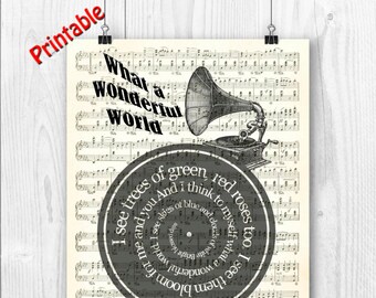 PRINTABLE Louis Armstrong 20X24'' Print, What a wonderful world, Spiral Lyrics over sheet music reproduction, Song Poster, Wedding gift