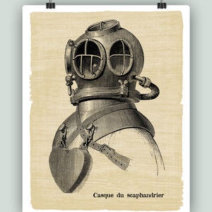 Scuba diver Print, Nautical art, Dive print, Dive poster, Scuba dive Helmet Print, Marine Wall Decor, Old diver helmet, beach cottage decor