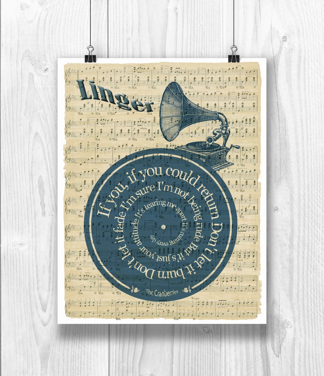 The Cranberries Print, Linger Song, Lyrics in Spiral Over Sheet Music