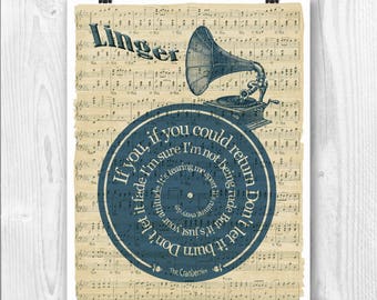 The Cranberries Print, Linger song, Lyrics in spiral over sheet music reproduction, The Cranberries Art, Wedding gift, Wedding song