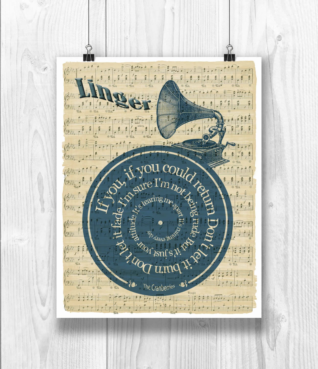 The Cranberries Print, Linger Song, Lyrics in Spiral Over Sheet Music