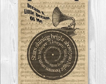 Dream a little dream of me Print,  Song lyrics in spiral over sheet music reproduction, Ella Fitzgerald, Wedding song, Wedding gift