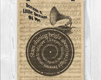 Dream a little dream of me Druck, Songtexte in Spirale über Notenblatt Reproduktion, Ella Fitzgerald, Hochzeitslied, Hochzeitsgeschenk