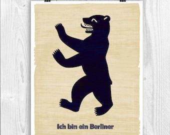 Ich bin ein Berliner Poster, President Kennedy saying in Berlin, Germany, Bear silhouette symbol of Berlin