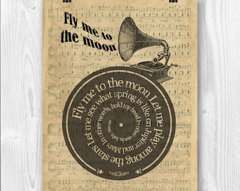 Frank Sinatra Print, Fly me to the moon, Songteksten in spiraal over reproductie van bladmuziek, Song Poster, Wedding song print gift, vinylplaat