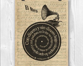 El Rey Print, El Rey song, Lyrics  spiral sheet music reproduction, Mexican song, José Alfredo Jiménez, musical art vinyl record