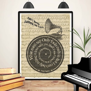 Elvis Presley Print, Can&#39;t Help Falling in Love, Elvis tribute art, Elvis Poster, Elvis fan gift, Spiral lyrics over digital sheet music