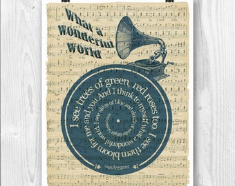 Louis Armstrong Print, Wat een wondere wereld, Lyrics in spiraal over bladmuziek reproductie, Song Poster, Huwelijksgeschenk, Bruiloft lied