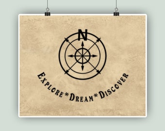 Explore, Dream, Discover, Nautical print, compass wall art, Nursery print, faux bois, beach cottage decor, gift for sailors.