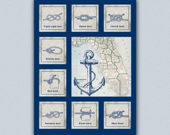 Poster Nautical art, Sailor Knots  with old map of Florida, Gift for seaman or sailor, Sailing center decor