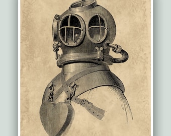 Art nautique, Impression de plongeur sous-marin, Affiche de plongée, Casque de plongée sous-marine, décor de chalet de plage, Vieux casque de plongeur scaphandre, décor d’école de plongée